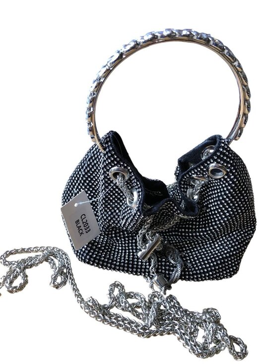 Handbags - Black Rhinestone Bucket Bag Chain Handle Crossbody Strap Evening Formal Purse